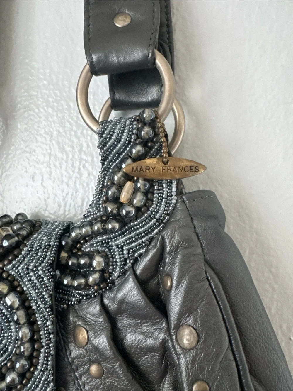 Mary Frances Embellished Leather Studded Hobo Bag Beaded Boho Purse
